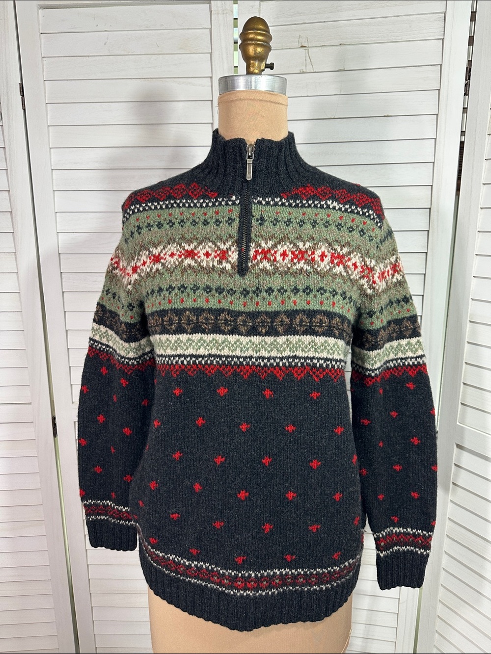 Vintage Lauren Ralph Lauren Petite Hand Knit Fair Isle Quarter Zip Sweater SP - Picture 3 of 12